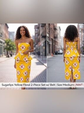 Sugarlips Yellow Floral Strapless Top & Skirt Set w/ Belt | Size M | NWT